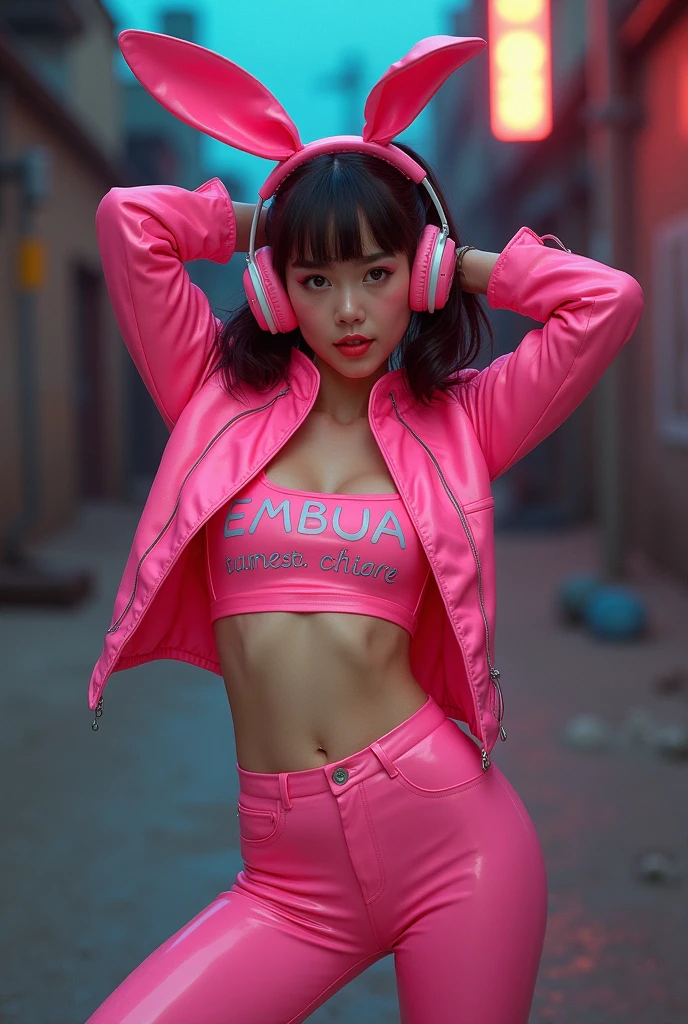 (foto cruDa, mejor caliDaD, masterpiece:1.2), (realist, photo-realist:1.4),(masterpiece:1.4),(mejor caliDaD:1.4),1 girl, Alone, :D, headphones, arms up, hits, blush, Bright pink suit, old, pose De conejito, escritura De ropa, Covered navel, tiro De vaquero, croppeD jacket, gloves, exterior,tomorrow,ingestas De cabello, headphones, impossible monkey, impossible clothes, jacket, large old, latex, latex boDysuit, by the wide, long sleeves, miranDo al espectaDor, large old, open mouth, mono pink, Ojos rosaDos, Red eyes, reD jacket, bright clothes, encogimiento De hombros \(CLOTHES\), cerraDuras laterales, piel apretaDa, smile, brecha Del muslo, thighs, Dos colas, very by the wide, white gloves, by white,Alicia \(Assent\),(shiny skin),realist, beautiful hands:1.3, inclinánDose hacia la cámara, fonDo oscuro Del Desierto inDustrial, bokeh, realist photo:1.2, photorealist renDer:1.2, photorealistic:1.2