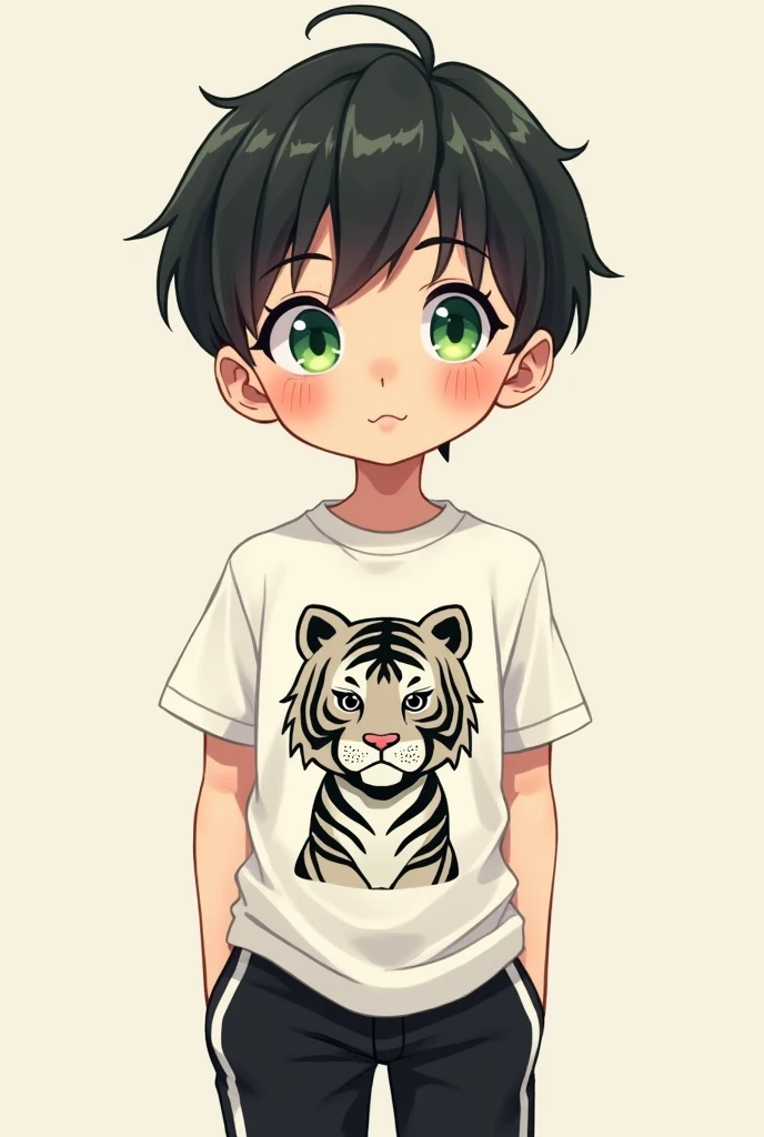 A 3-year-old anime boy with bright green eyes and neat black hair, a rather innocent face, black pants with white stripes, and a white t-shirt with a black tiger print.