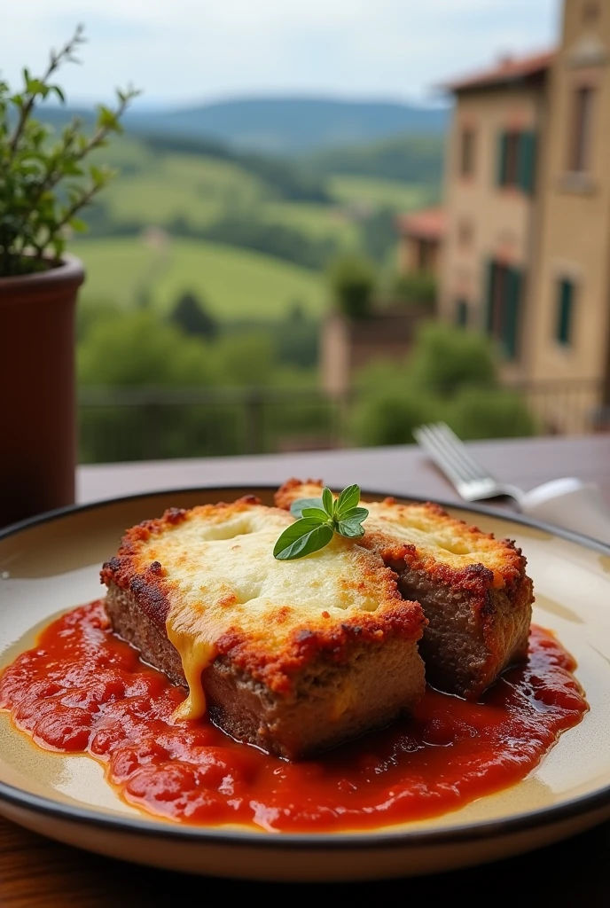 Um file mignon alla parmegiana alto , that you can see the breading and lots of cheese nicely gratinated on a bed of sugo sauce in a.ceramic dish on a table with the background of the city of Tuscany