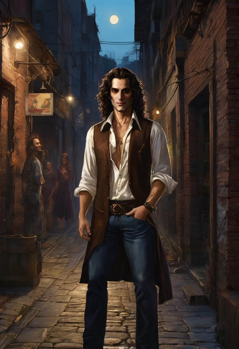 (good quality), (many details), (masterpiece), (good quality), (many details), (masterpiece), man in his early 30s, open shirt, jeans pants (cut out), trickster, wide hair in brown curls, scar on the eye, golden earring on the left ear, talisman,, at night in an alley, at the end of the alley a fair can be seen, realistic, vampire