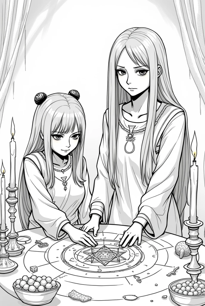 Create a lineart illustration Setting: Preparations for the Evocation: Capture the moment when Marine and Christine prepare for the evocation. Marine should have an expression of determination and anxiety, while Christine makes her preparations with a mixture of nervousness and concentration. The setting could be a private space, with candles and other ritualistic items that highlight the importance and risk of the ritual.