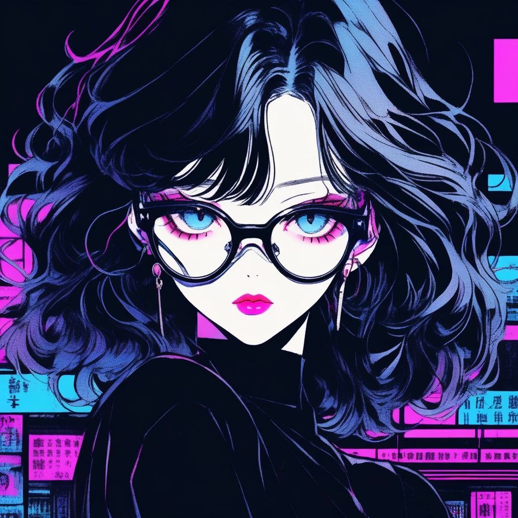 (Highest quality, sketch:1.2),Actual,Illustrator,Japanese Manga,1 person, Delicate lips, Black Dress 8,custom, (Background dark monochrome),Neon Hair,Texture Clipping, masterpiece, style: Vintage , Deep Black, art, sketch book, (Hair is black:1.75 neon lights:1.32), bad woman , Dark Shadows 、Glasses、Upper body naked、
