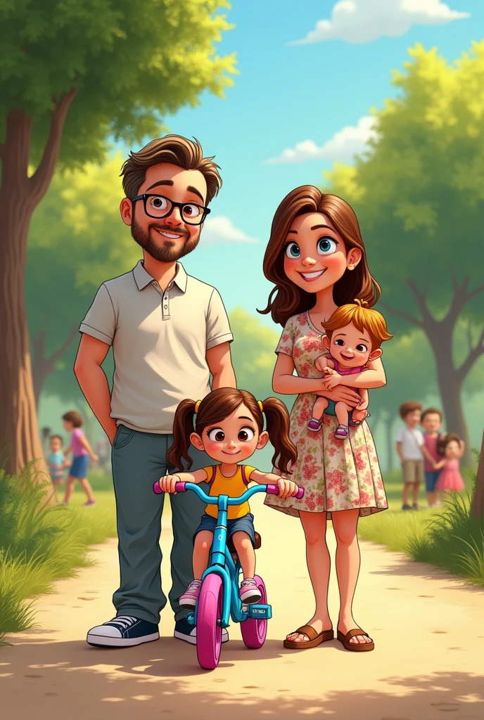 Image type dessin animé pixar d'une famille au parc. Caucasians : dad 35 years old brown eyes, lunettes, salt and pepper hair, beard, a little belly but not big. He is dressed in chinos, polo shirts and sneakers.. The mother is 3, She is a small, very round woman with brown hair., yeux bleus avec des lunettes, dressed in floral dress sandals. The first child is a 4 year old on her sky blue bike with pink tires, long blond hair with brown eyes. The other two children are 10-month-old twins., one in mom&#39;s arms : she has brown blonde hair with blue eyes looking more like her mom. the other is in dad&#39;s arms, cheveux  blonds châtain aux yeux marrons avec une fossette à la joue gauche et ressemblant plus à papa.