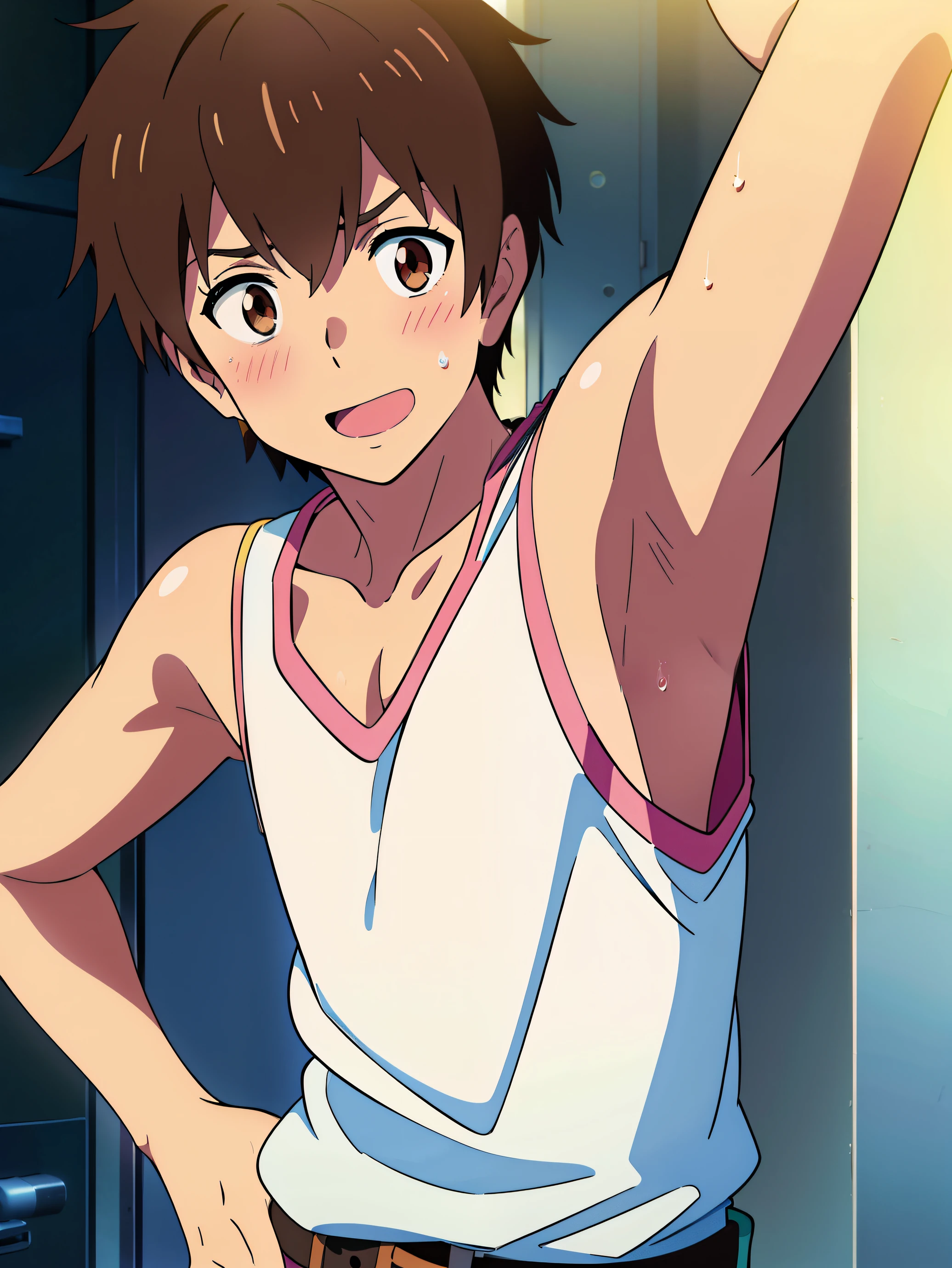 Ultra sharp, masterpiece, best quality, shinkai makoto, kimi no na wa, 1boy, Boy, Shota, brown hair, Taki, Tank top, Bare shoulder, blush, upper body, (Showing armpit:1.3), smile, cute boy, open mouth, adorable boy, looking at the viewer, Belt, sweat, Simple beckground