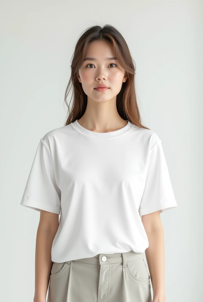 
Beautiful young woman in blank white t-shirt standing isolated over background mockup copy space