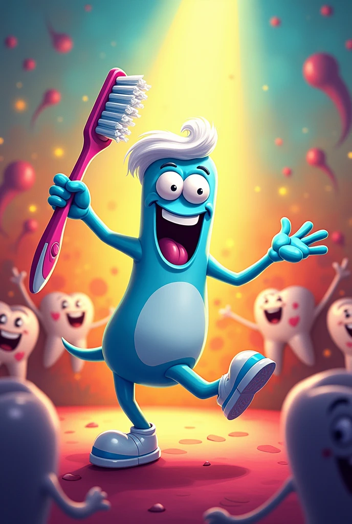 Dancing toothbrush showing how brushing your teeth can be fun, with funny and colorful movements. Bright Teeth and Gout are applauding, with expressions of joy. The scene must be full of energy.
