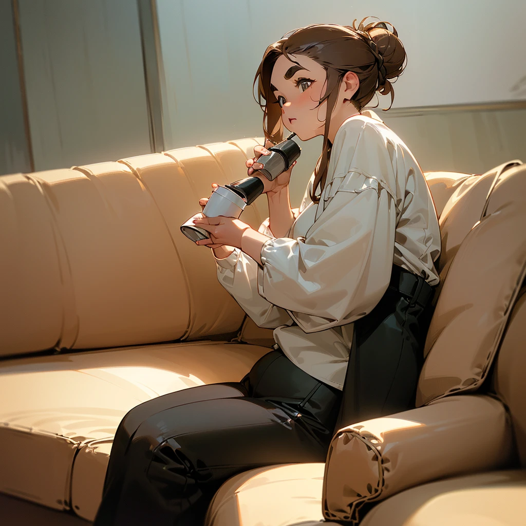 ((A single 55 year old woman who is ALONE on the couch with wavy light brown hair tied in a bun, her body is chubby this same woman has slightly thick eyebrows with a slightly chubby tip of the nose, her skin tone is dark and this same woman wears a casual outfit consisting of a white long-sleeved shirt and black pants, this woman is sitting on the couch while holding a cup of coffee.)) (((Front view photo.))) ((The background environment is a Japanese living room and day lighting.) ) ((((highly detailed skin)))) (((8k, sharp focus)))