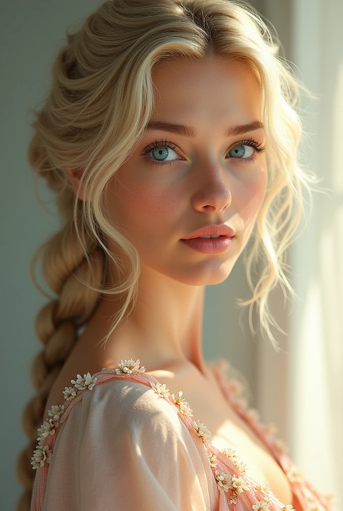 A 31-year-old woman with a serene and radiant beauty, with light blonde, wavy hair that is kept in a simple style, with two braids that fall gracefully over her shoulders. His eyes are a bright, clear blue, reflecting your connection to beauty and home. She wears a pastel colored tunic, with floral details and motifs that represent the harmony and tranquility of the homes it protects.