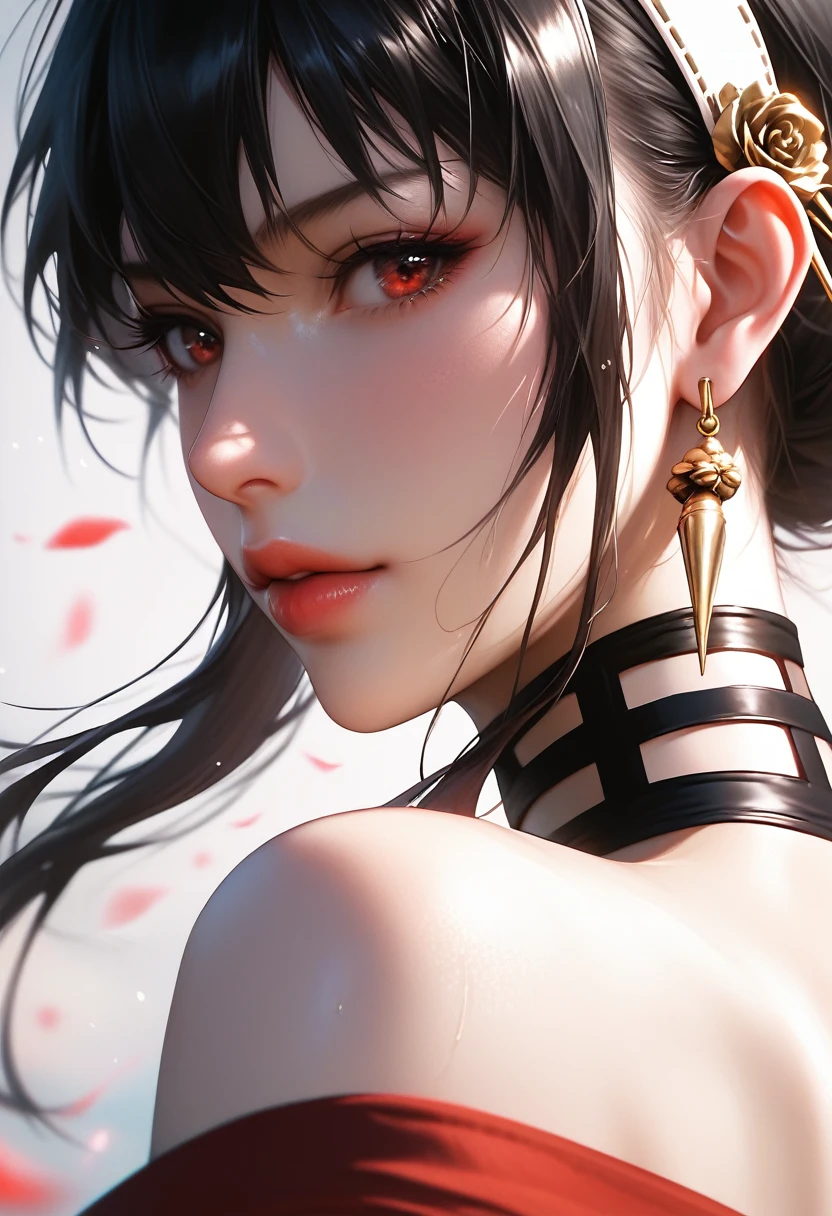 score_9, score_8_up, score_7_up, Girl's profile picture, realistic skin texture, detailed picture, close-up, HD32k, yor briar, black hair, sidelock, white hairband, red eyes, bare shoulders, japanese clothes, sleeveless, choker, sash, armband, ninja,