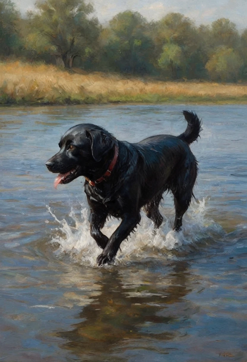 there is a black dog that is standing in the water, portrait of black labrador, emerging from the water, in the water, at the waterside, river in front of him, dog, labrador, wet boody, black dog, playing with the water, swimming, splashing, in water, aged 2 5, menacing!, wet fur, four legged