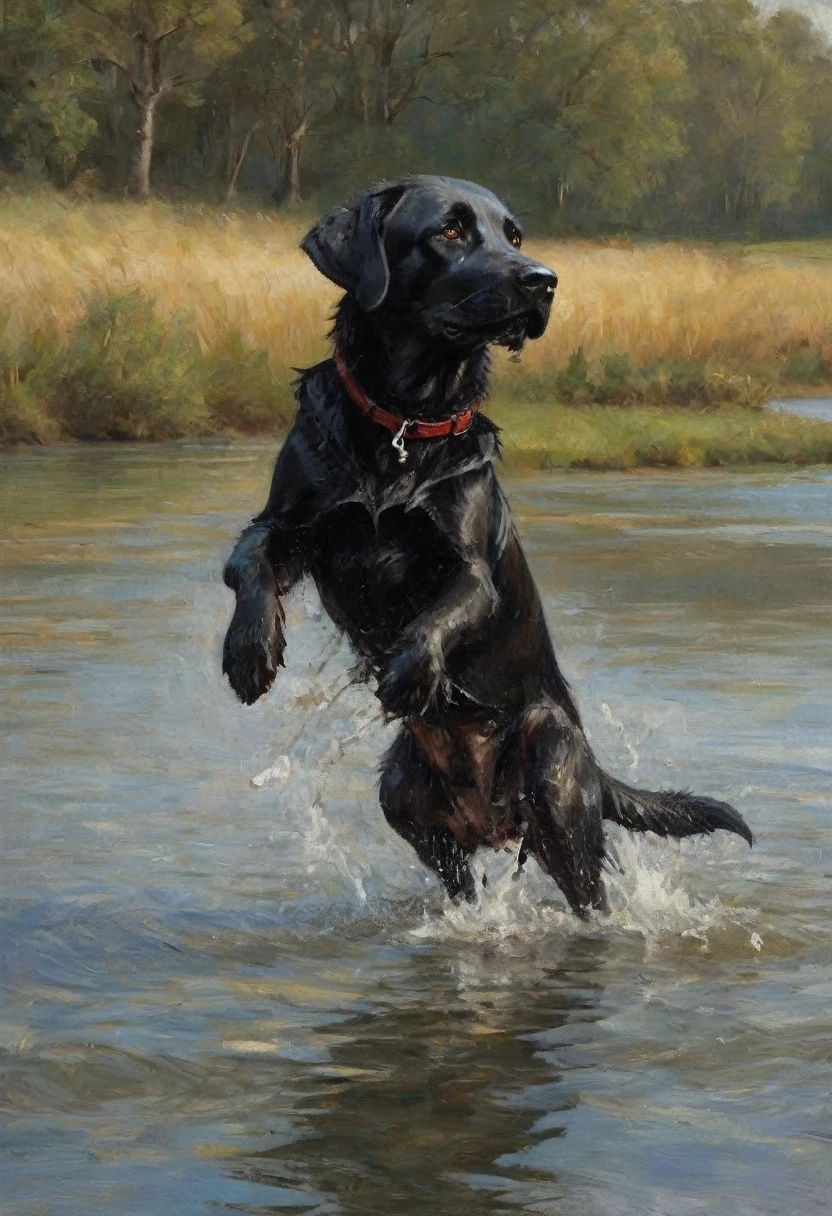 there is a black dog that is standing in the water, portrait of black labrador, emerging from the water, in the water, at the waterside, river in front of him, dog, labrador, wet boody, black dog, playing with the water, swimming, splashing, in water, aged 2 5, menacing!, wet fur, four legged