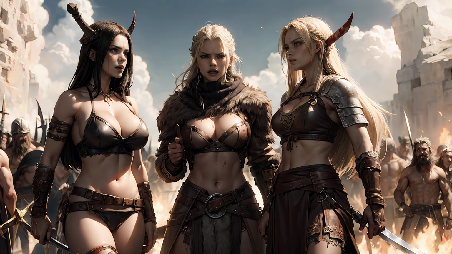 Viking warriors- revealing leather clothing- toned bodies- large breasts- cleavage- exposed body parts- swords- angry looks- blood- battle