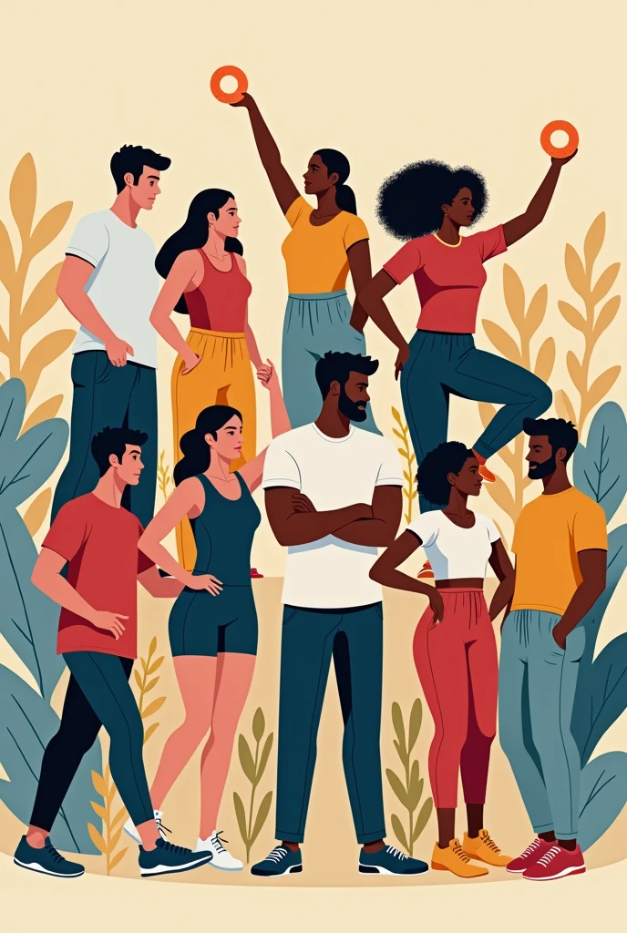 Create a vibrant image for an ad for a clothing store specializing in sports and comfort. The scene should show a diverse group of people, including men and women, wearing modern and comfortable sportswear, while practicing different physical activities, like running, yoga and cycling. Clothes should be soft colors and stylish., highlighting the flexibility and comfort of the fabrics. Add the store name &#39;gym Clothes&#39; in stylized text on top of the image