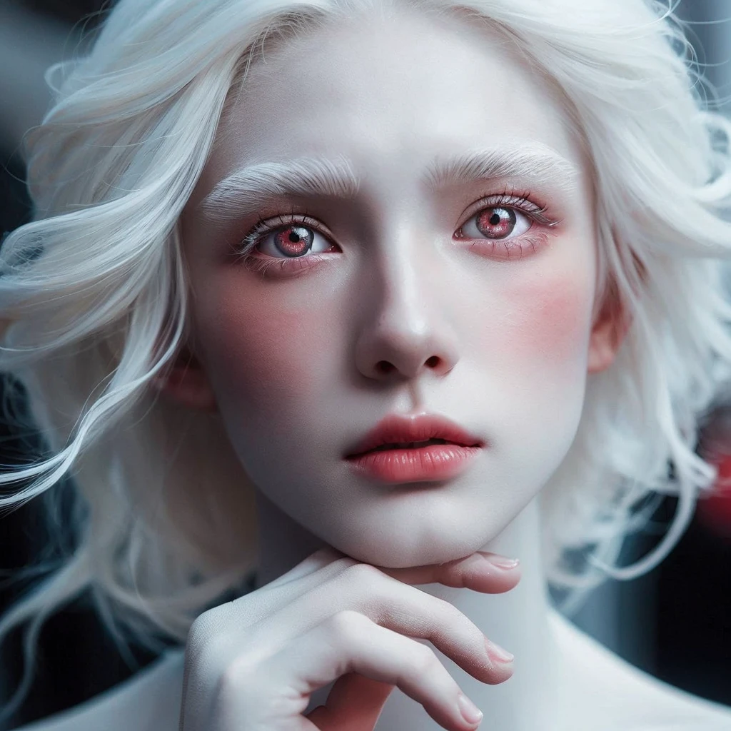 Albino korean girl with white eyelashes, white hair, white skin and red colour eyes