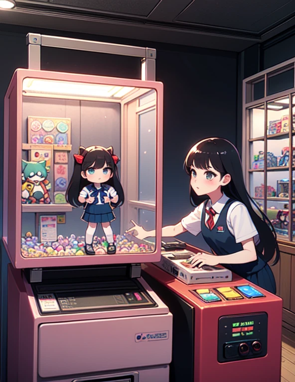 (((masterpiece))), (((Highest quality))), ((Claw Machine)), Place your hand on the bottom panel, Operate the long joystick、Press the button, Use the clamp to lift the toy, One person, Komi Shoko, shy, blush, school uniform, Claw Machine,  Rear View,