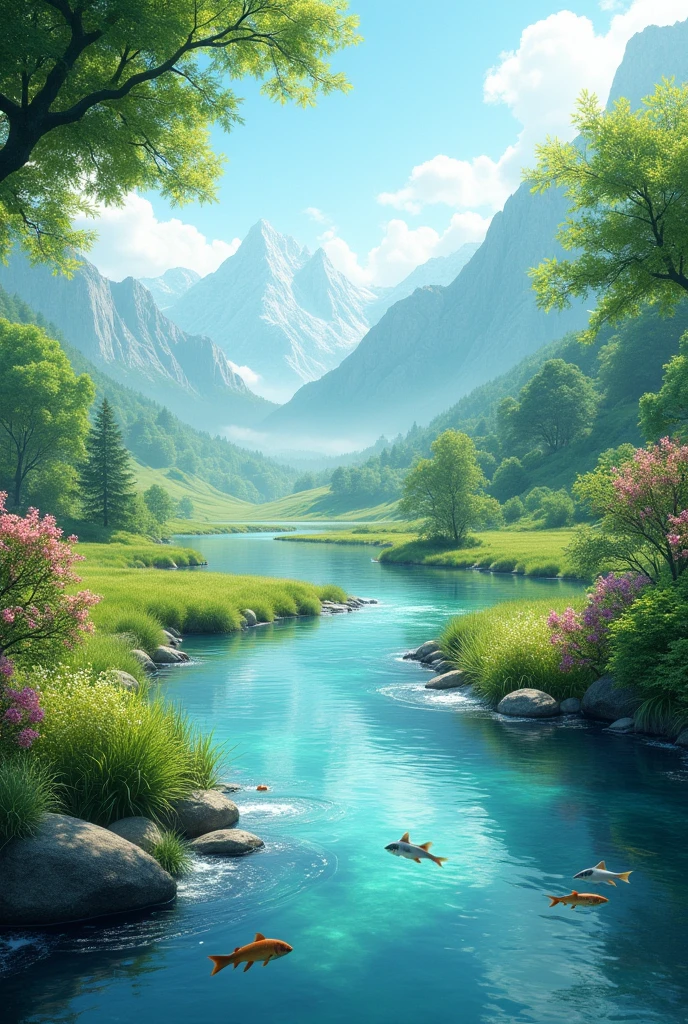 A beautiful day.make it more realistic.I am not asking you anime make it more real.more
Make it super realistic.where did the river disappear.wow thats really good but make the river a bit bigger.No you didn't have to change that picture you should just make the water faster and add some fishes.remove the fishes and add some realistic ones.no the fishes look like fake improve that and also add some kind of birds
Why can't you add real looking fishes which are swimming in the water. That's good. That's better



