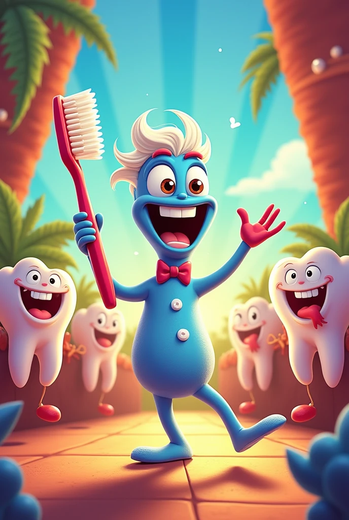 Dancing toothbrush showing how brushing your teeth can be fun, with funny and colorful movements. Bright Teeth and Gout are applauding, with expressions of joy. The scene must be full of energy.