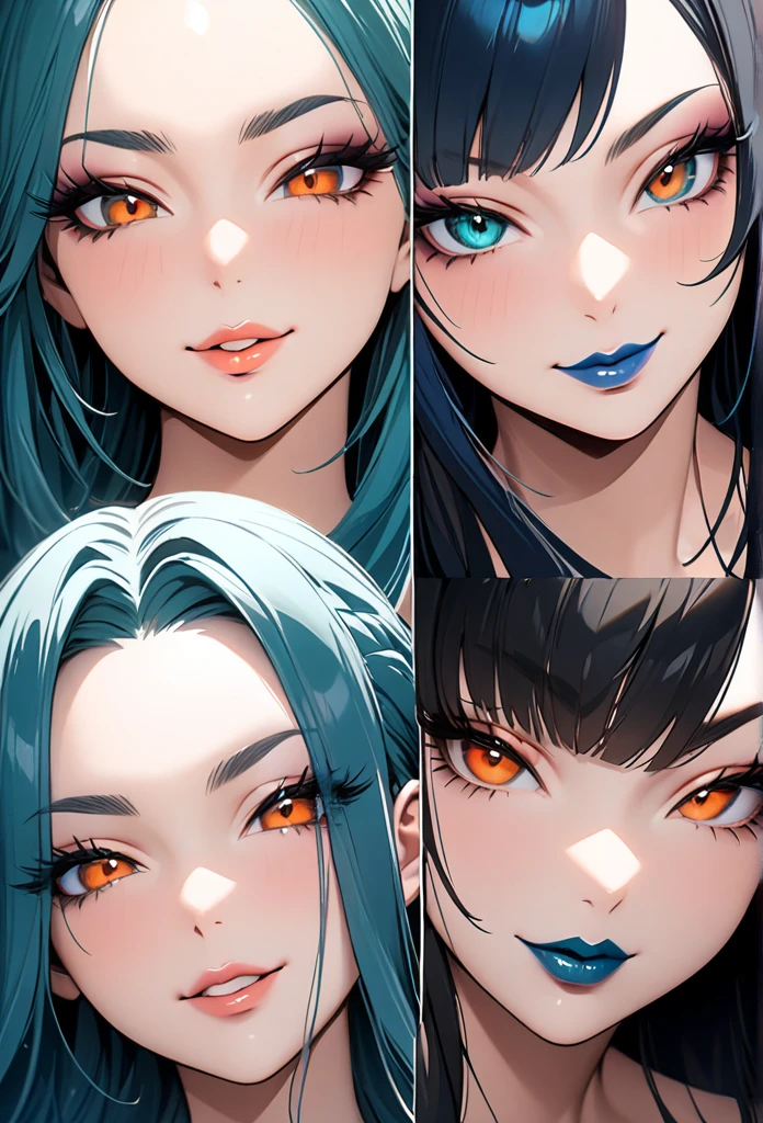 (masterpiece), best quality, highly detailed faces, (SHARP details), 4k, highly detailed, expressive eyes, SHARP detail expressive eyes, (SHARP detail perfect face), teal blue hair, (shiny lipstick) (orange eyes), long hair, detailed face, medium breasts, long eyelashes, mature, (smirk, closed lips, big plump lips, eyeshadow) shiny skin, beautiful eyes,(detailed eyes, sharp eyes, clear pupils:0.8), wispy bangs, naughty look