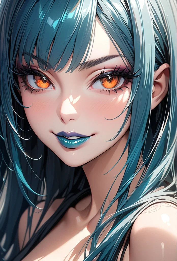 nime girl with green hair and grey eyes in a dark room, artwork in the style of guweiz, guweiz, anime style 4 k, digital cyberpunk anime art, guweiz masterpiece, guweiz on artstation pixiv, guweiz on pixiv artstation, anime art wallpaper 8 k, anime art wallpaper 4 k ,red lips, Black eyeshadow around the eyelid, black dress