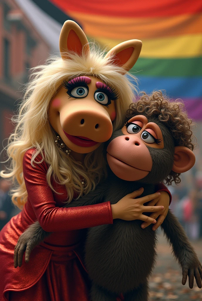 a picture of miss piggy from the muppets kissing a realistic monkey with eyeliner and curly hair very ugly, with a lesbian flag in the background