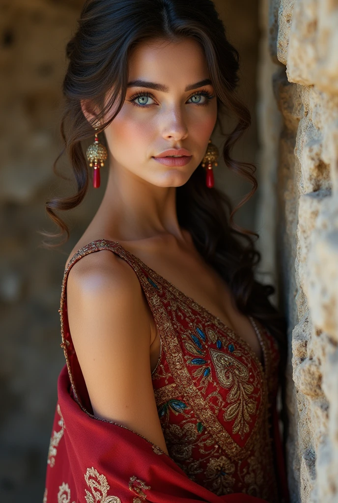 Gorgeous woman, Arabic dress, Blue eyes, posing 