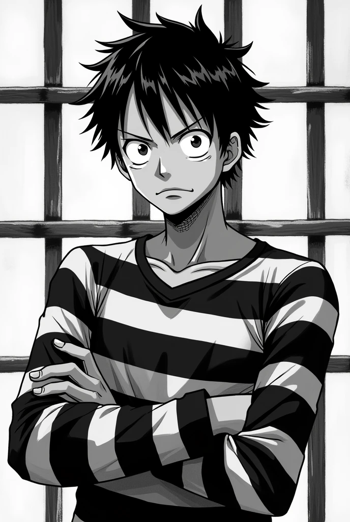 Monkey D. Luffy in black and white striped prison uniform long sleeve front and back and left side and right side Original anime One Piece 