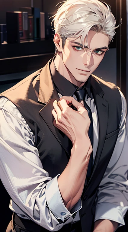 (Highest quality,4K,8K,High resolution,masterpiece:1.2),Super detailed,(Realistic,photoRealistic,photo-Realistic:1.37),1 personld,Mature Men,Beautiful skin、very handsome,Expressionless smile in love,Short white hair,green eyes,Sharp Eyes,A perfect face without a doubt,Businessman, CEO, Office Background,Cinema Lighting,HDR image,tie、