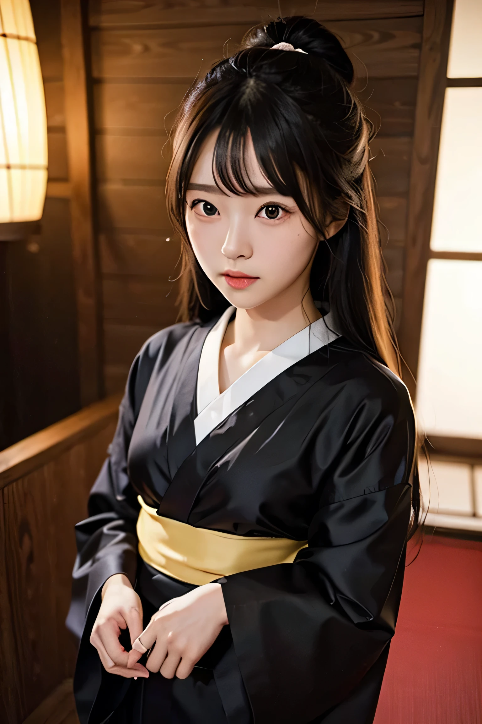 Japanese cute long hair girl yukata black silk