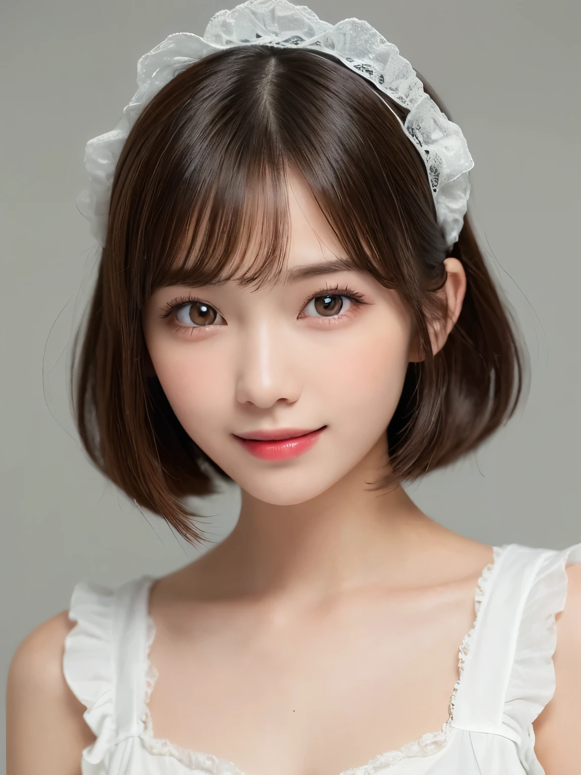 white background, full body portrait, looks very happy, smile, one girl, (a beauty girl, delicate girl:1.3), (20 years old:1.3), maid costume (orange), very fine eyes, (symmetrical eyes:1.3), D cup breasts, brown eyes, parted bangs, short hair, (eyes and faces with detailed:1.0), (masterpiece, best quality, ultra detailed, detailed face, 8k)
