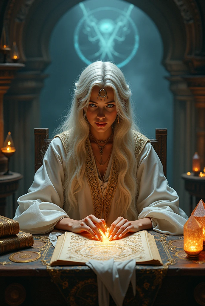 Create a very beautiful fortune teller looking forward and sitting at a table