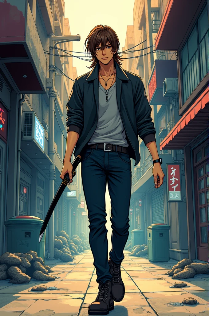 Make me a male character that has a mullet hair style (that is not long, but not short either) brown, together with his brown eyes, The character is dressed in a stylish manner, carrying a katana walking through a city alley jujutsu kaisen color manga drawing style
