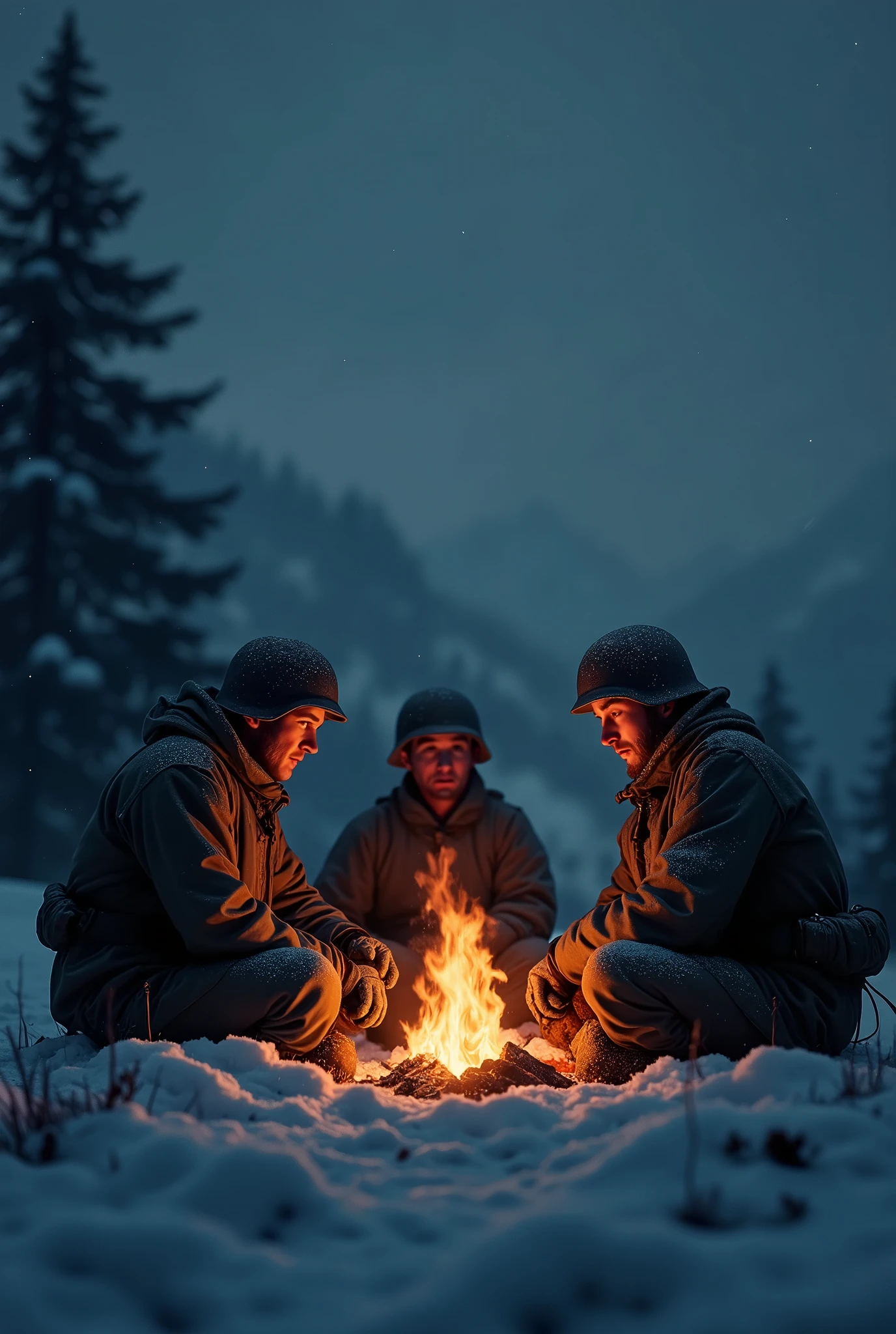 A dark, winter night during World War II, with three soldiers resting on a snowy mountain. The soldiers, dressed in heavy winter military uniforms and helmets, sit huddled around a small fire, which casts flickering shadows over their tired faces. The dim, orange glow from the fire creates a stark contrast to the deep darkness of the surrounding forest and the snow-covered landscape. Light snow is gently falling, barely visible in the night, adding a quiet sense of isolation and cold. In the distance, snow-covered trees and mountains are faintly visible through the darkness, contributing to the cold, somber, and peaceful atmosphere of the night.