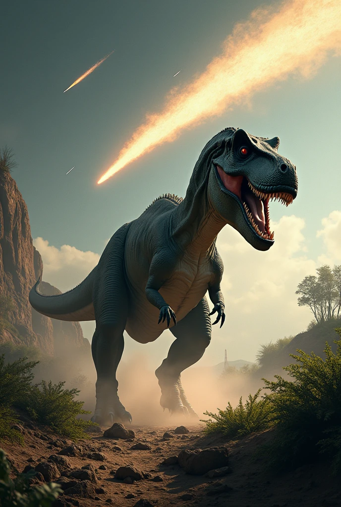 T rex walking on a landscape with a comet overhead whizzing across the sky