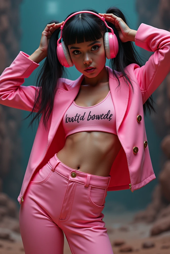(foto cruDa, mejor caliDaD, masterpiece:1.2), (realist, photo-realist:1.4),(masterpiece:1.4),(mejor caliDaD:1.4),1 girl, Alone, :D, headphones, arms up, hits, blush, Bright pink suit, old, pose De conejito, escritura De ropa, Covered navel, tiro De vaquero, croppeD jacket, gloves, exterior,tomorrow,ingestas De cabello, headphones, impossible monkey, impossible clothes, jacket, large old, latex, latex boDysuit, by the wide, long sleeves, miranDo al espectaDor, large old, open mouth, mono pink, Ojos rosaDos, Red eyes, reD jacket, bright clothes, encogimiento De hombros \(CLOTHES\), cerraDuras laterales, piel apretaDa, smile, brecha Del muslo, thighs, Dos colas, very by the wide, white gloves, by white,Alicia \(Assent\),(shiny skin),realist, beautiful hands:1.3, inclinánDose hacia la cámara, fonDo oscuro Del Desierto inDustrial, bokeh, realist photo:1.2, photorealist renDer:1.2, photorealistic:1.2