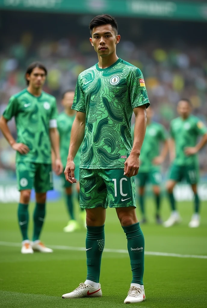 Football kit with unusual patterns in Asian style using green and white colors as a concept