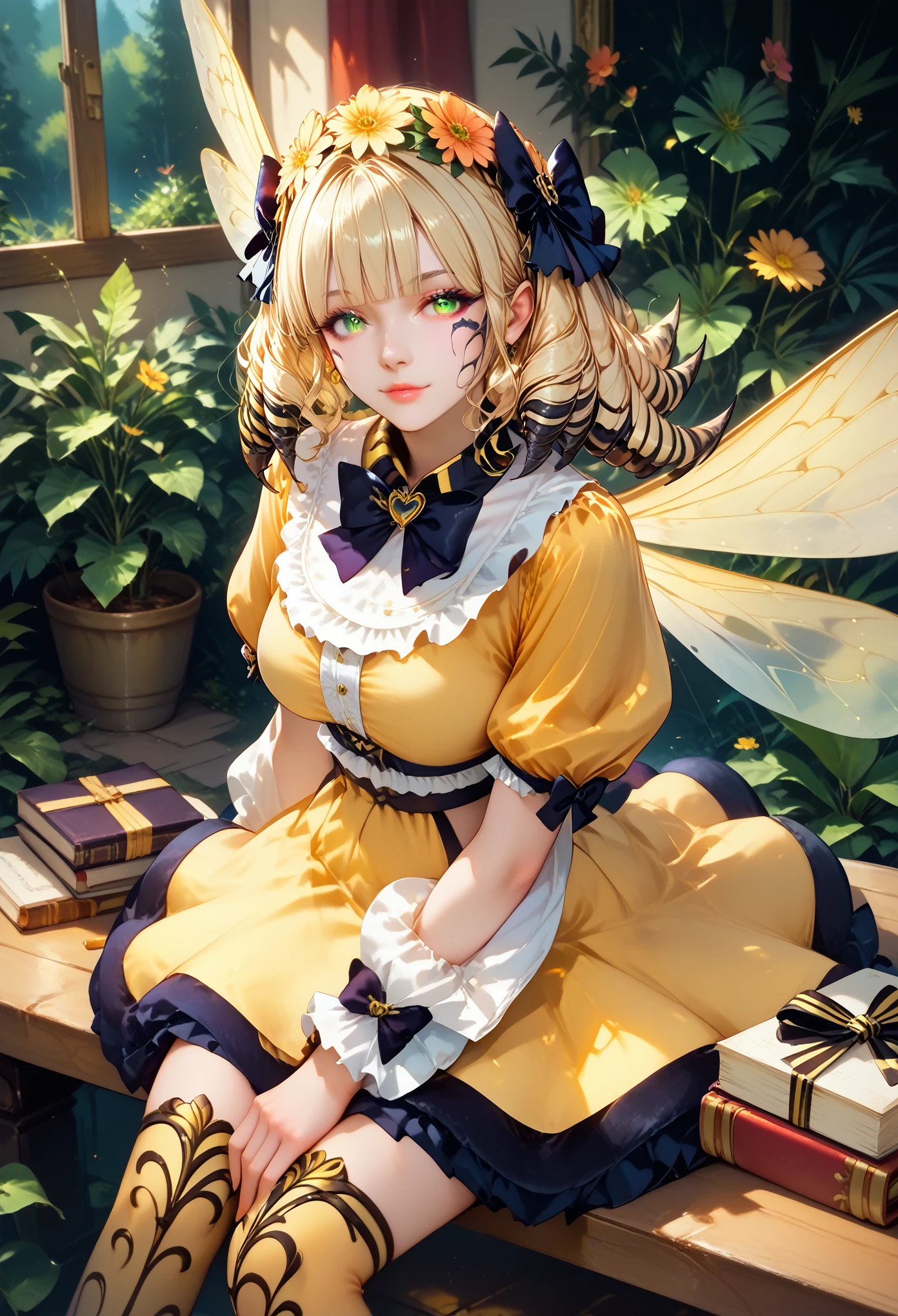 score_9, score_8_up,score_7_up, masterpiece, best quality, perfect anatomy, very aesthetic, official art, 8k, honeyblovely, Nice view Sitting on a bench, There are books near her, Sexy and Charming, Clear weather, beautiful colors, clear detail, Full elaboration of details, heterochromia, yellow eye, green eye, novuschroma70 style, masterpiece, High Quality Processing, dynamic shadows,