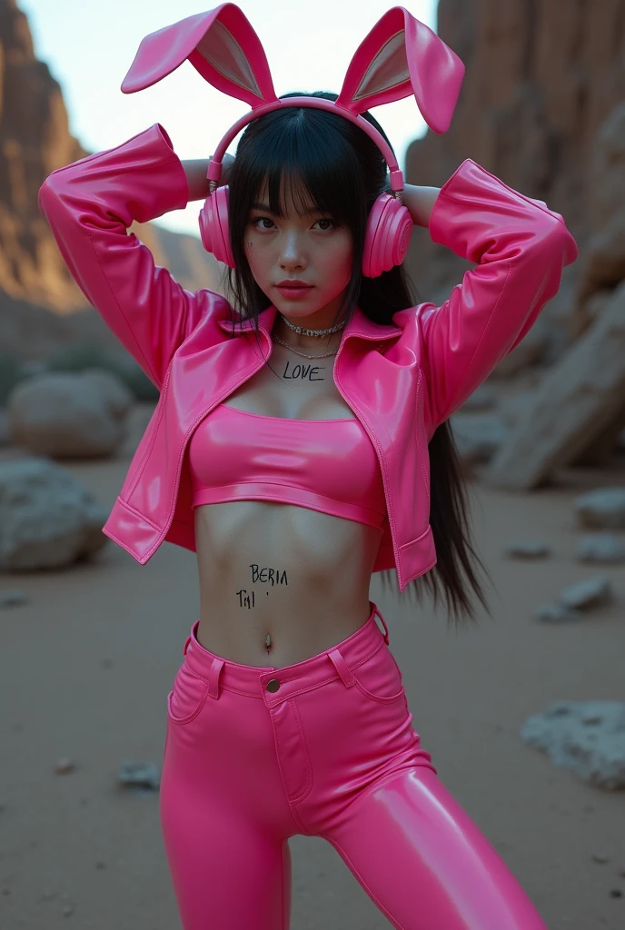 (foto cruDa, mejor caliDaD, masterpiece:1.2), (realist, photo-realist:1.4),(masterpiece:1.4),(mejor caliDaD:1.4),1 girl, Alone, :D, headphones, arms up, hits, blush, Bright pink suit, old, pose De conejito, escritura De ropa, Covered navel, tiro De vaquero, croppeD jacket, gloves, exterior,tomorrow,ingestas De cabello, headphones, impossible monkey, impossible clothes, jacket, large old, latex, latex boDysuit, by the wide, long sleeves, miranDo al espectaDor, large old, open mouth, mono pink, Ojos rosaDos, Red eyes, reD jacket, bright clothes, encogimiento De hombros \(CLOTHES\), cerraDuras laterales, piel apretaDa, smile, brecha Del muslo, thighs, Dos colas, very by the wide, white gloves, by white,Alicia \(Assent\),(shiny skin),realist, beautiful hands:1.3, inclinánDose hacia la cámara, fonDo oscuro Del Desierto inDustrial, bokeh, realist photo:1.2, photorealist renDer:1.2, photorealistic:1.2