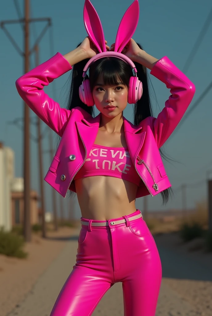 (foto cruDa, mejor caliDaD, masterpiece:1.2), (realist, photo-realist:1.4),(masterpiece:1.4),(mejor caliDaD:1.4),1 girl, Alone, :D, headphones, arms up, hits, blush, Bright pink suit, old, pose De conejito, escritura De ropa, Covered navel, tiro De vaquero, croppeD jacket, gloves, exterior,tomorrow,ingestas De cabello, headphones, impossible monkey, impossible clothes, jacket, large old, latex, latex boDysuit, by the wide, long sleeves, miranDo al espectaDor, large old, open mouth, mono pink, Ojos rosaDos, Red eyes, reD jacket, bright clothes, encogimiento De hombros \(CLOTHES\), cerraDuras laterales, piel apretaDa, smile, brecha Del muslo, thighs, Dos colas, very by the wide, white gloves, by white,Alicia \(Assent\),(shiny skin),realist, beautiful hands:1.3, inclinánDose hacia la cámara, fonDo oscuro Del Desierto inDustrial, bokeh, realist photo:1.2, photorealist renDer:1.2, photorealistic:1.2