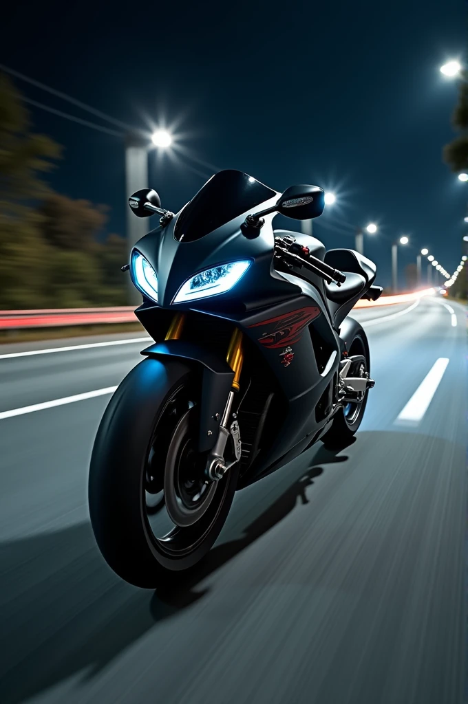 Suzuki Hayabusa Turbo black matt color whitout plates riding speed on highway in the night