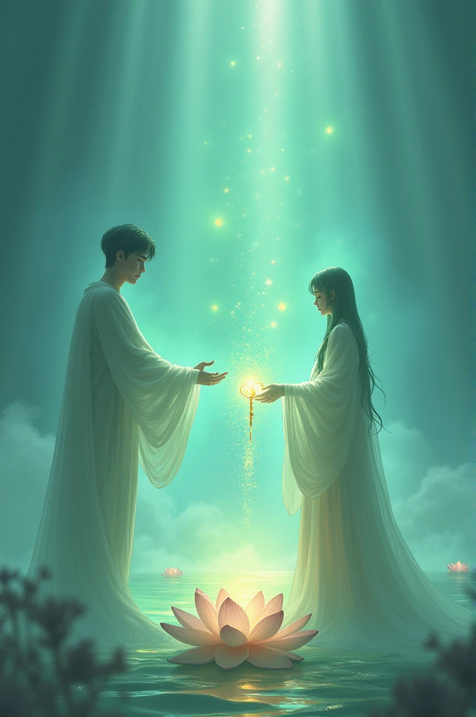 Lotus flower, light blue background, a person handing over a golden key that transmits a sparkling green light, for someone else