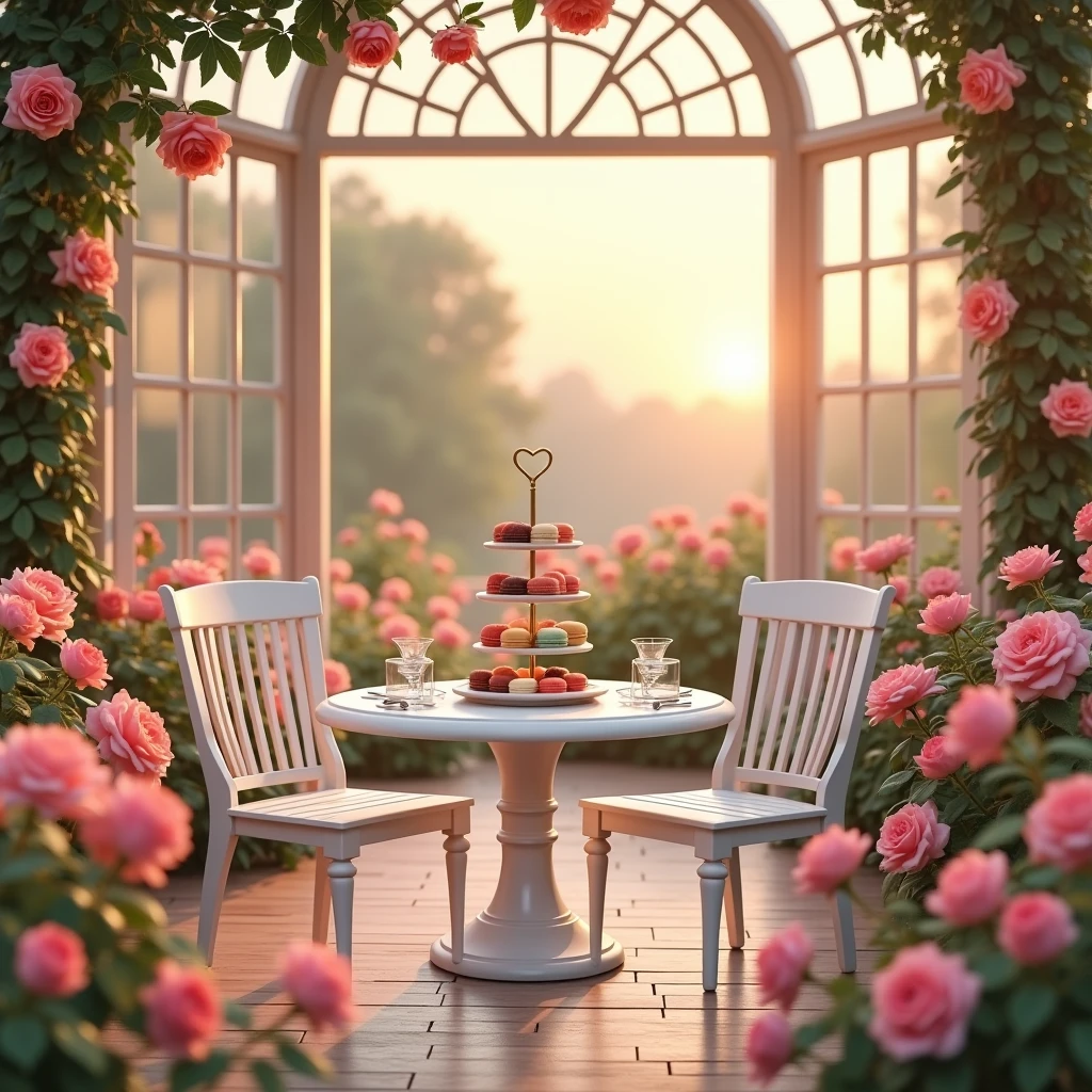White round table,White chair,afternoon tea,Macarons,sunset,Rose Garden,glass house,vintage