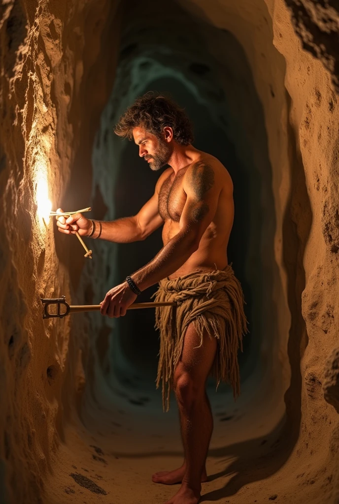 Representation of a prehistoric man during the creation of the Lascaux Cave paintings.