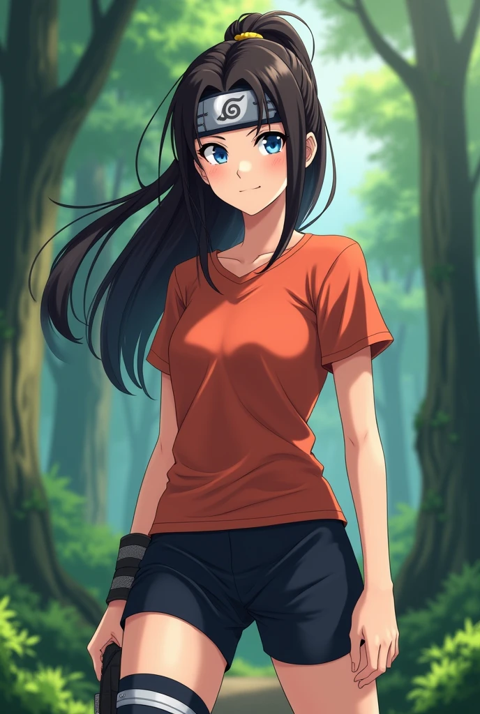 capture d'screen, Style d'Anime Naruto, une fille femme de , light skin tone slightly pale, midsized, Medium chest blue eyes, hair BRAIN, Long, QUEUE DE CHEVAL,WITHOUT REGROWTH,REGULAR, wooden hair barrette, vêtements de ninja SANADA, Dark black shorts and reddish orange T-shirt, with a ninja headband, dans une foret
Info.