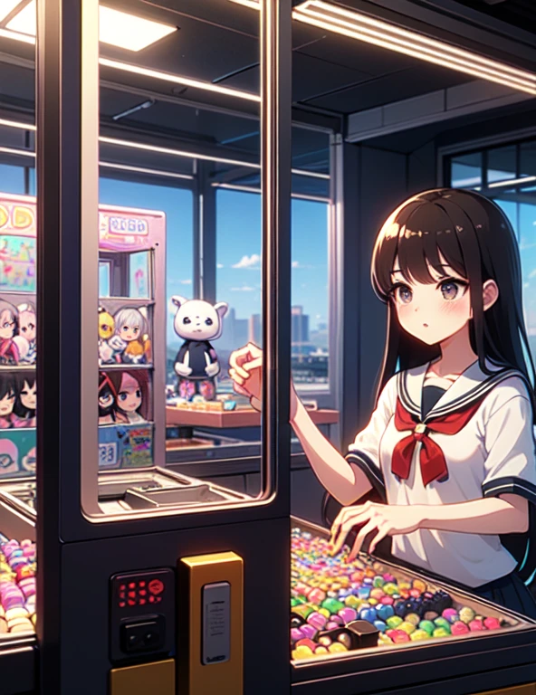 (((masterpiece))), (((Highest quality))), ((Claw Machine)), Place your hand on the bottom panel, Operate the long joystick、Press the button, Use the clamp to lift the toy, One person, Komi Shoko, shy, blush, school uniform, Claw Machine,  Rear View,