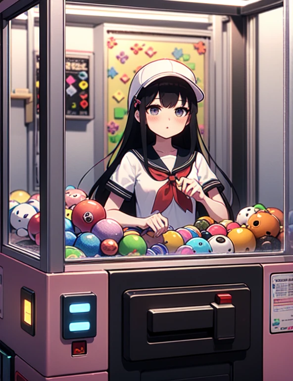 (((masterpiece))), (((Highest quality))), ((Claw Machine)), Place your hand on the bottom panel, Operate the long joystick、Press the button, Use the clamp to lift the toy, One person, Komi Shoko, shy, blush, school uniform, Claw Machine,  Rear View,