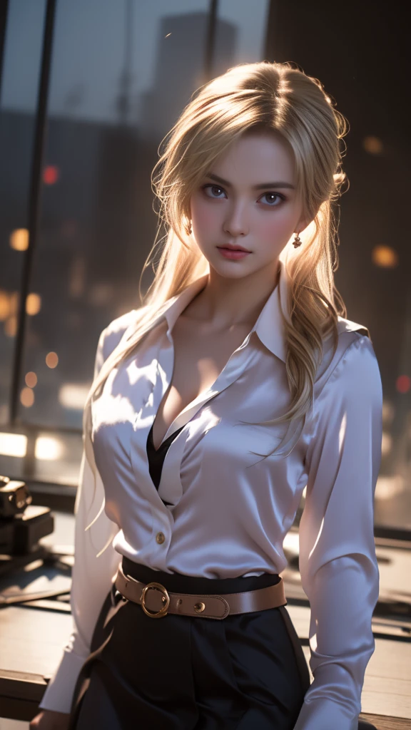 (Masterpiece, UHD, photorealistic) (close up), Cindy Prado, a librarian, professional hairstyle, (professional silk blouse with stripe pattern:1.3), black pencil skirt with big belt, backlight on hair, shallow depth of field, facing the camera, hi-res, 8k, cinematic light, in a old abandoned factory at night, amber twinkle lights in background, romantic lighting, beautiful flower surround her