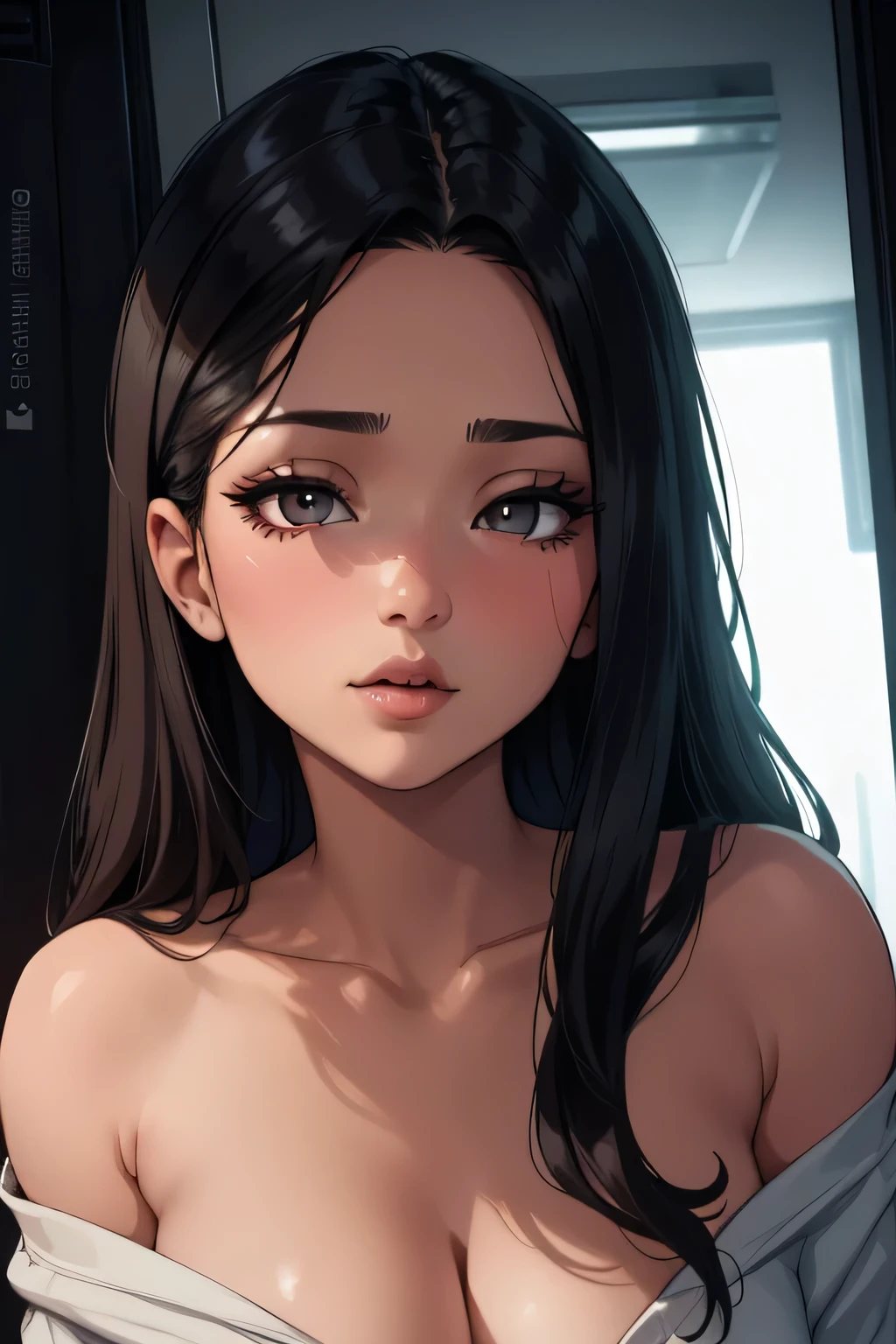 Amazing close-up portrait of a seductive and alluring woman with a beautiful face, long black hair secretly hidden in a cramped closet, where the viewer gets a sense of danger and mystery, illuminated by a teasing strip of light, seeping through a narrow gap..