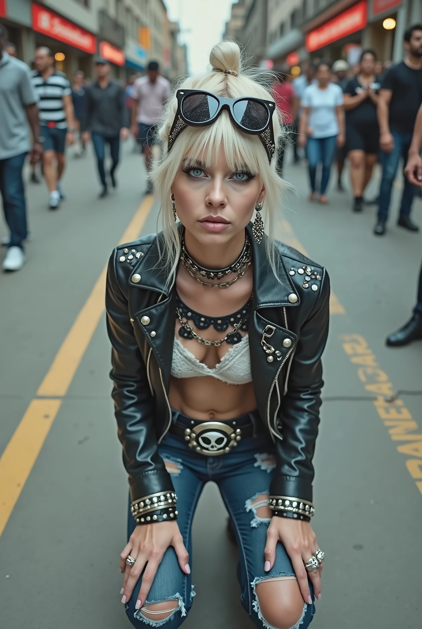 russian old milf woman, blonde platinum hair (top bun and big maxi sunglasses as headband), with very light blue eyes, extremely pale. Wearing studded cropped black moto jacket (skull and moto club patches), black and white lace push up bra, dark skinny low rise blue jeans with patched holes . Lots of thick wide studded bracelets, chain collars and big rings. Tacky wide studded leather belt with big skull and bones round buckle. Long earrings with chains. Kneeling, humble facial expression. Hands down, showing off bracelets and rings. Looking at the camera, Listening to somebody eating an ice cream she craves for, toned abdominals, thin neck, slim legs and thin arms. Narrow hips. Crowded street of Nairobi