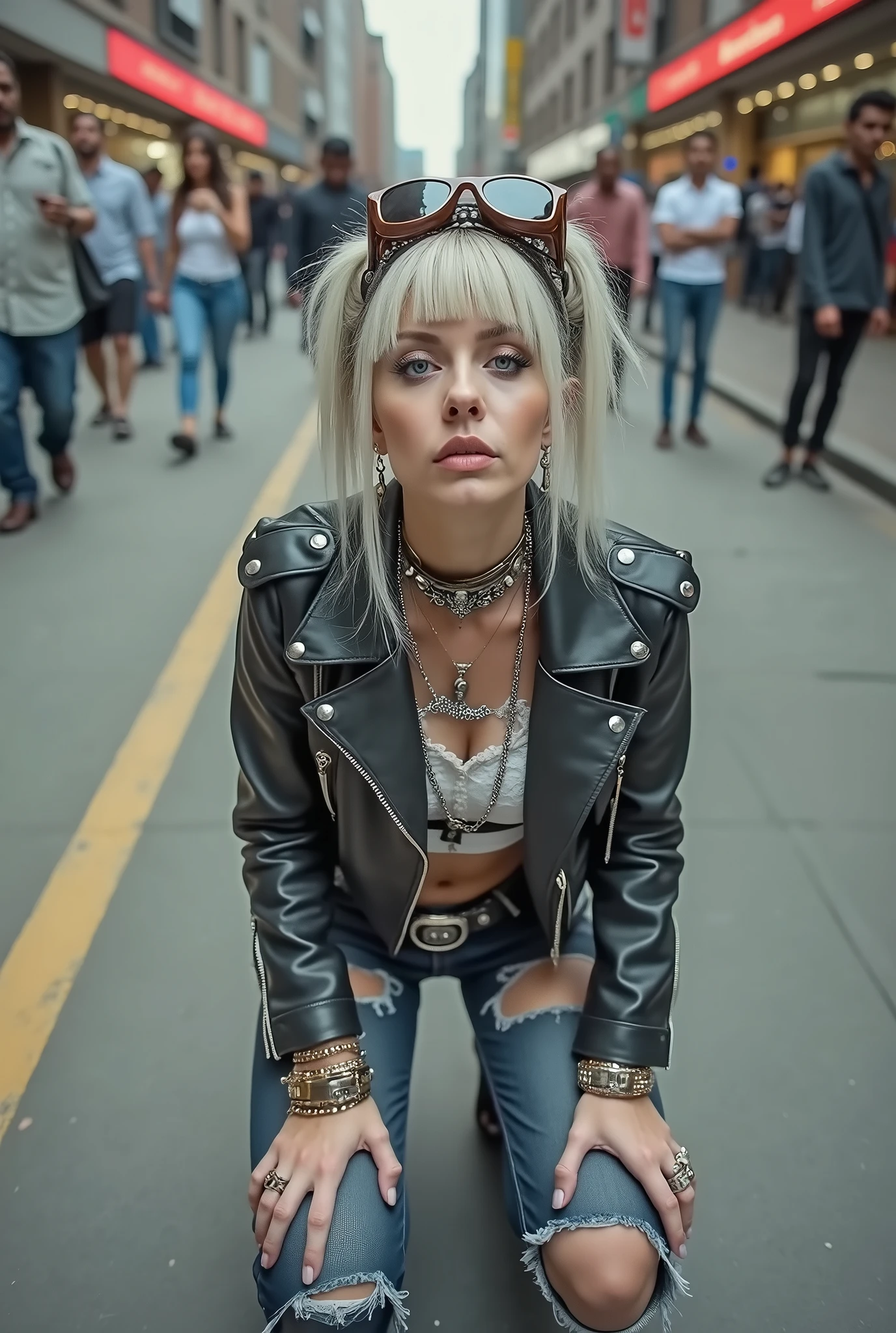 russian old milf woman, blonde platinum hair (top bun and big maxi sunglasses as headband), with very light blue eyes, extremely pale. Wearing studded cropped black moto jacket (skull and moto club patches), black and white lace push up bra, dark skinny low rise blue jeans with patched holes . Lots of thick wide studded bracelets, chain collars and big rings. Tacky wide studded leather belt with big skull and bones round buckle. Long earrings with chains. Kneeling, humble facial expression. Hands down, showing off bracelets and rings. Looking at the camera, Listening to somebody eating an ice cream she craves for, toned abdominals, thin neck, slim legs and thin arms. Narrow hips. Crowded street of Nairobi