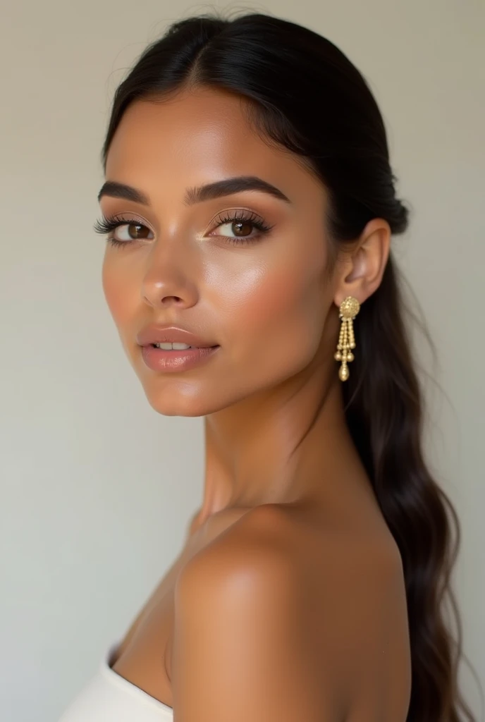 White Brazilian woman with perfect makeup wearing delicate and discreet clothing 18k